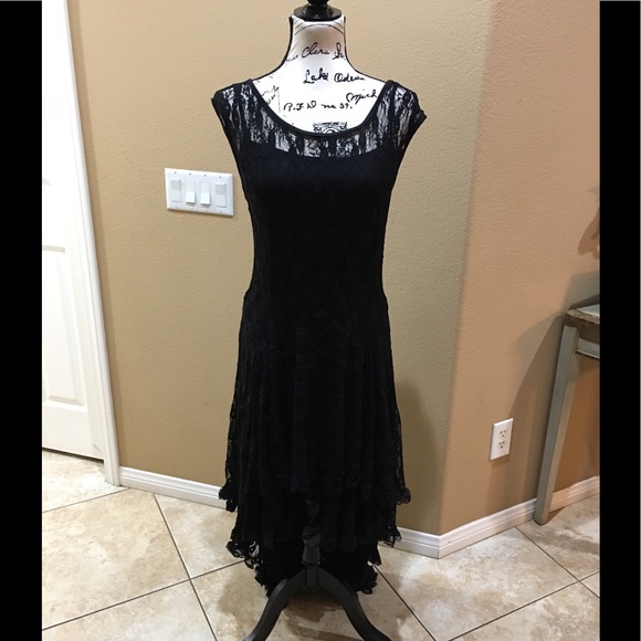 New Black Floral Lace Asymmetrical Dress - Picture 6 of 8
